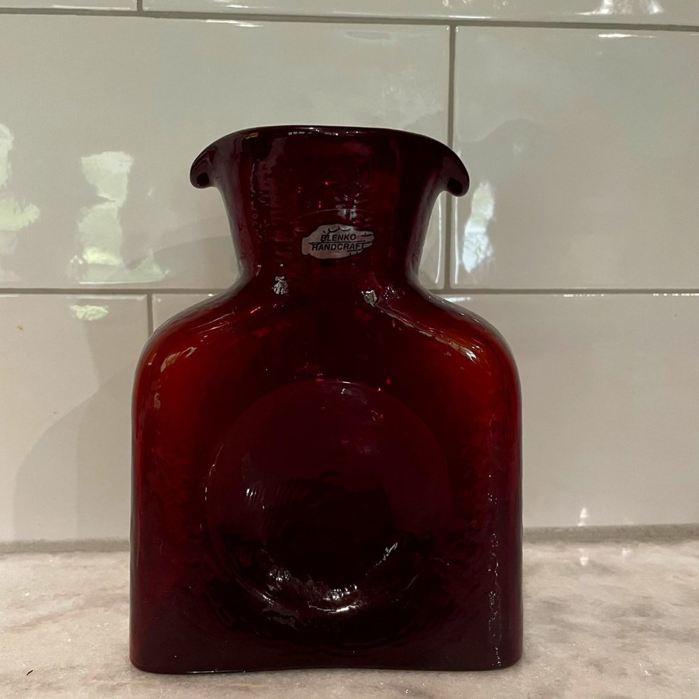 Ruby red Blenko Glass Co. “MINI Series" double spout water bottle